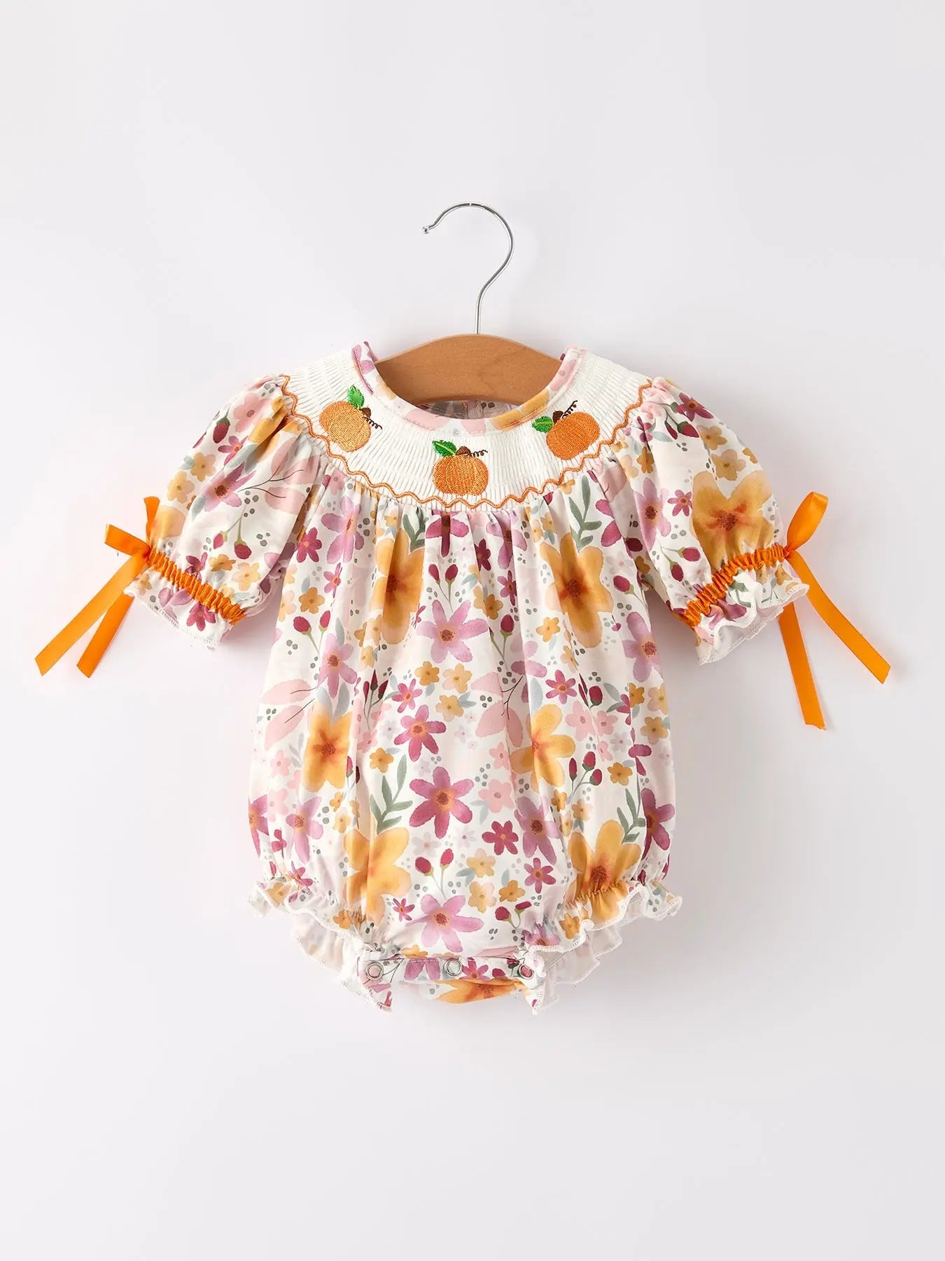 Charming Pumpkin Embroidery Smock Floral Romper for Baby Girls Rylee Faith Designs