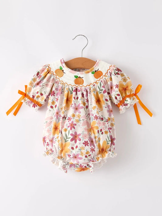 Charming Pumpkin Embroidery Smock Floral Romper for Baby Girls Rylee Faith Designs