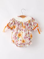 Rylee Faith Designs Charming Pumpkin Embroidery Smock Floral Romper for Baby Girls - Apparel & Accessories > Clothing > Baby & Toddler Clothing > Baby One-Pieces Romper