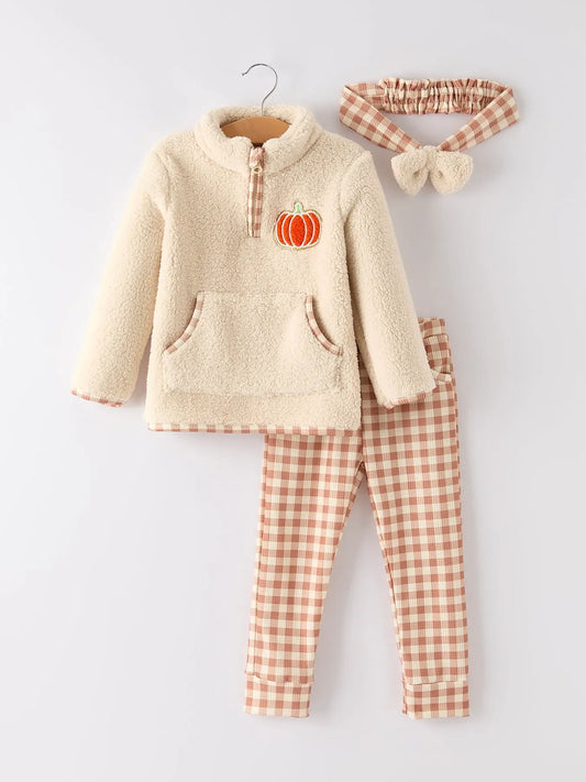 Cozy Furry Top and Plaid Pants Set with Matching Headband for Girls Rylee Faith Designs