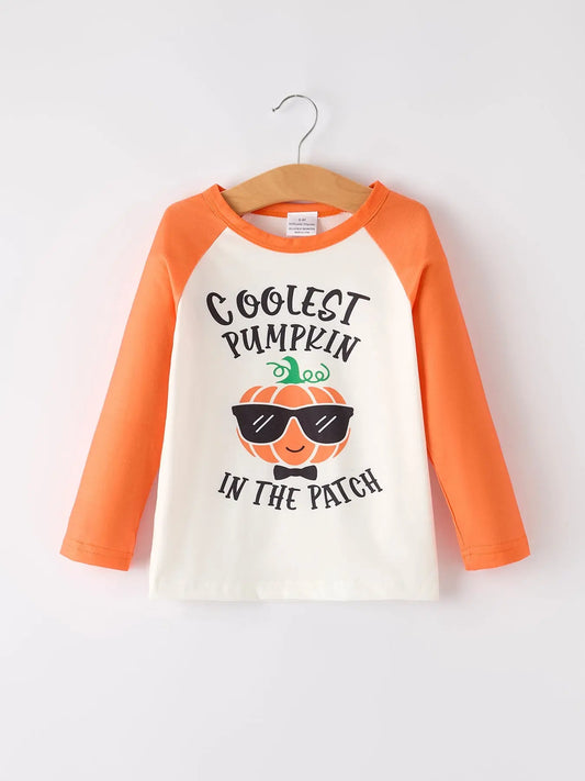 Festive Pumpkin Print Long Sleeve Top for Boys Ideal for Thanksgiving Celebrations Rylee Faith Designs