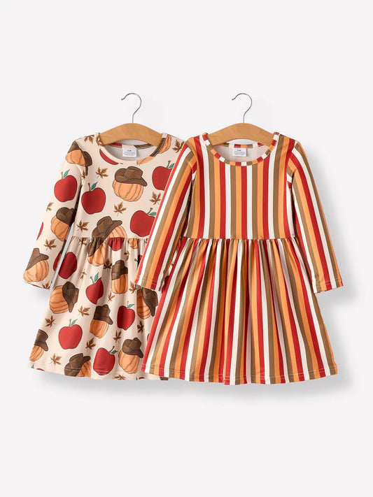 Charming Thanksgiving Pumpkin Stripe Print Dress Set for Little Girls Rylee Faith Designs