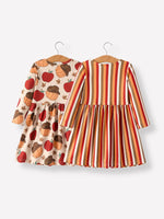 Rylee Faith Designs Charming Thanksgiving Pumpkin Stripe Print Dress Set for Little Girls - Apparel & Accessories > Clothing > Dresses Dress