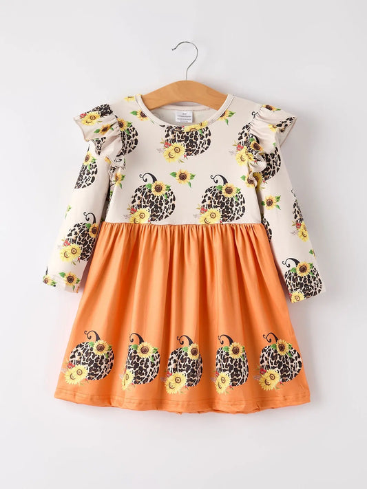 Charming Floral Print Dress with Pumpkin and Leopard Design for Girls Rylee Faith Designs