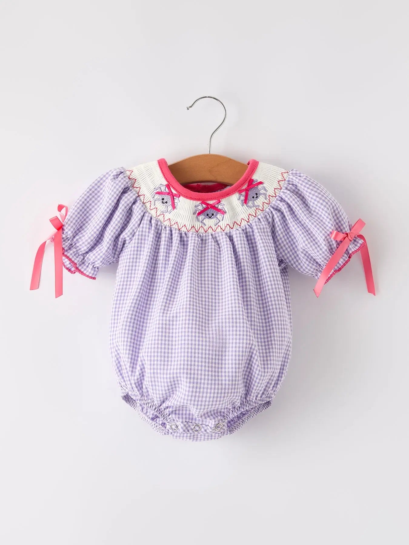 Rylee Faith Designs Adorable Purple Halloween Spider Smock Romper for Girls Festive Wear - Apparel & Accessories > Clothing > Baby & Toddler Clothing > Baby One-Pieces Romper