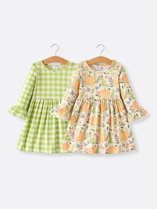 Festive Pumpkin Plaid Dress Set for Girls Perfect for Thanksgiving Celebrations Rylee Faith Designs