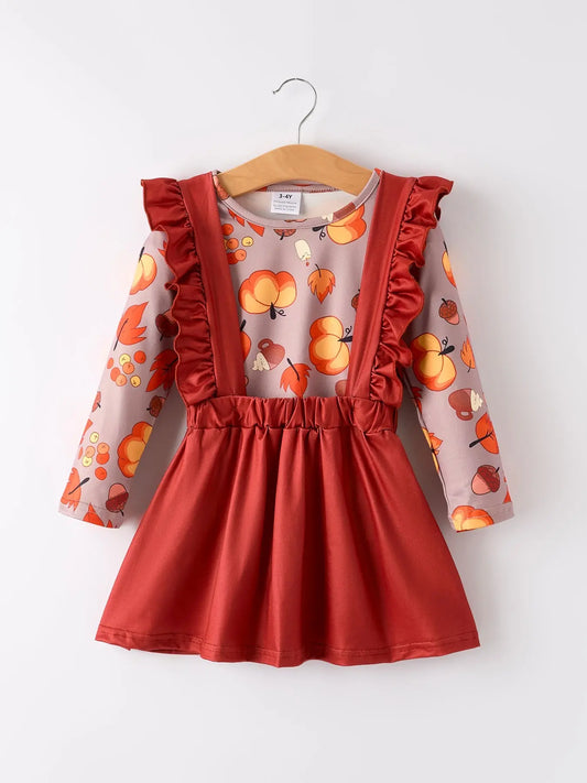 Charming Thanksgiving Pumpkin Print Top with Corduroy Dress for Girls Rylee Faith Designs
