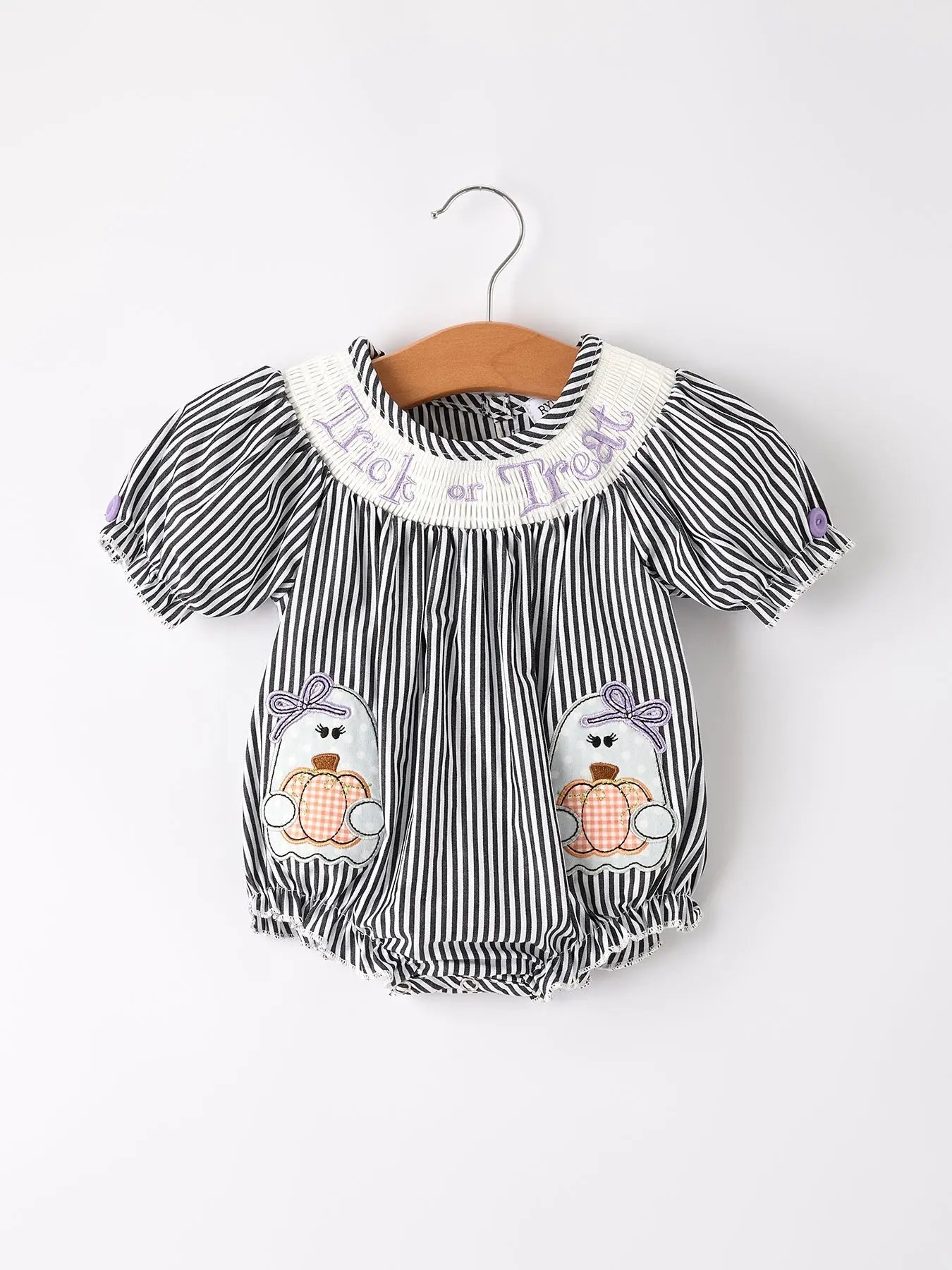 Rylee Faith Designs Festive Baby Girl Romper with Trick Or Treat Embroidery for Halloween Fun - Apparel & Accessories > Clothing > Baby & Toddler Clothing > Baby One-Pieces Romper