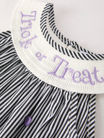 Rylee Faith Designs Adorable Striped Halloween Smock Dress with Trick Or Treat Embroidery for Baby Girls - Apparel & Accessories > Clothing > Baby & Toddler Clothing > Baby & Toddler Dresses Dress