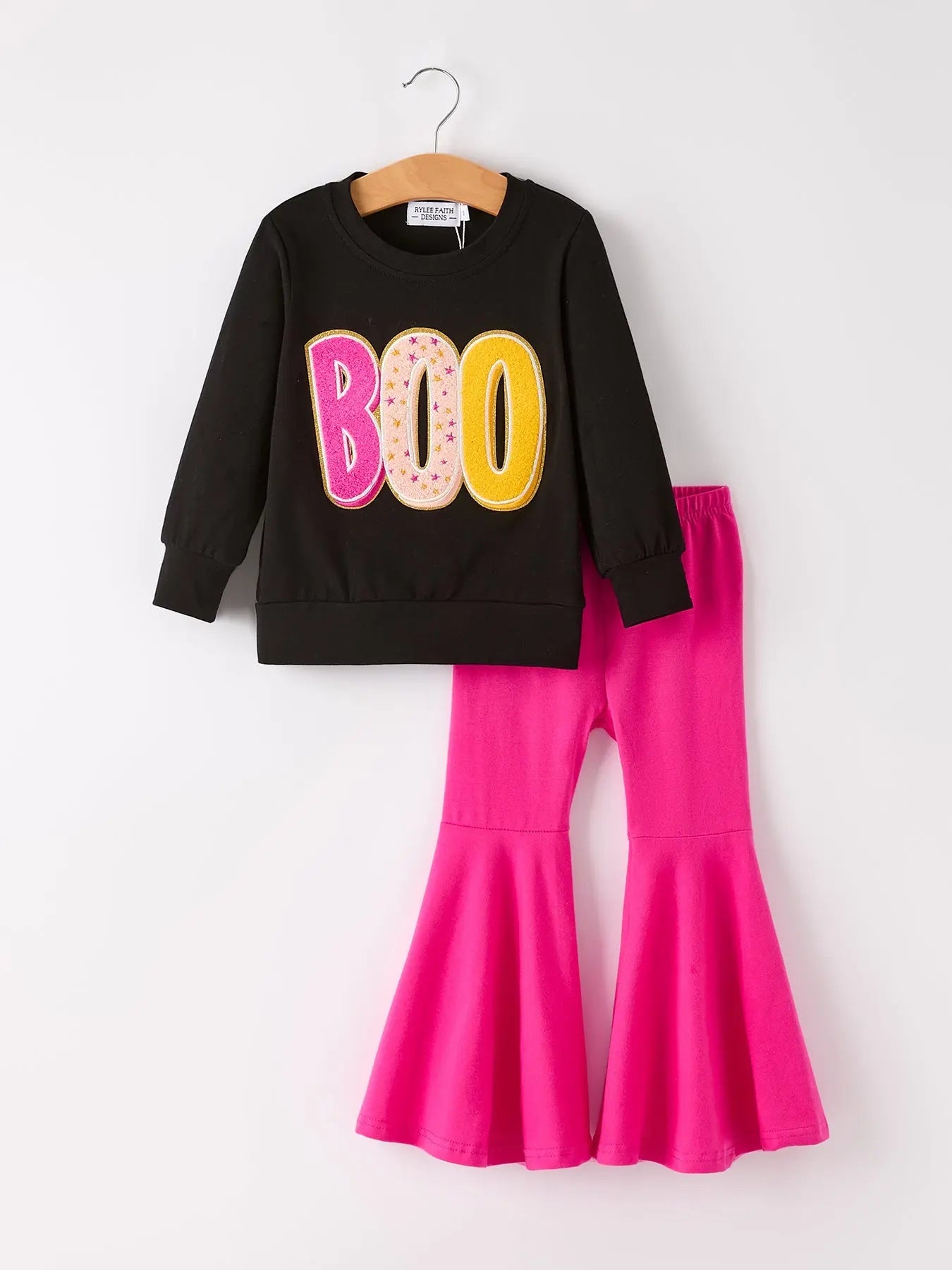 Rylee Faith Designs Fall Halloween and Thanksgiving Boo Chenille Patches Girls Long Sleeve Set - Apparel & Accessories > Clothing > Outfit Sets Outfit