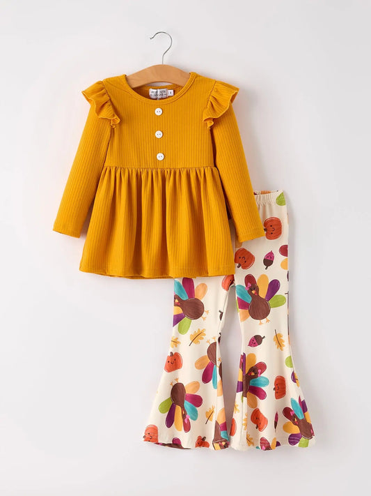 Cozy Halloween Pumpkin Turkey Print Long Sleeve Set for Girls Rylee Faith Designs