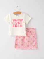 Rylee Faith Designs Girls Letter T-Shirt and Pink Bow Printed Denim Skirt Set - Apparel & Accessories > Clothing > Outfit Sets Outfit