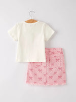 Rylee Faith Designs Girls Letter T-Shirt and Pink Bow Printed Denim Skirt Set - Apparel & Accessories > Clothing > Outfit Sets Outfit