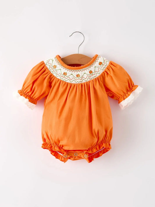 Fall Thanksgiving and Halloween Orange Pumpkin Smock Embroidery Lace Baby Girl Romper Rylee Faith Designs