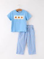 Rylee Faith Designs Fall Thanksgiving and Halloween Blue Pumpkin Smock Embroidery Baby Boy Set - Apparel & Accessories > Clothing > Outfit Sets Outfit
