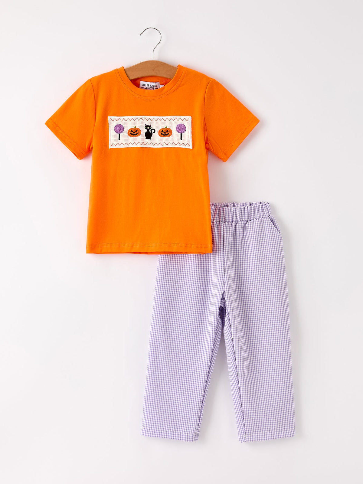 Fall Halloween Purple Balloon Pumpkin Cat Smock Embroidery Boy Set by Rylee Faith Designs