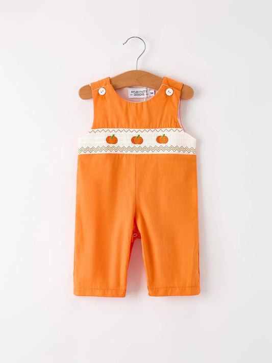 Fall Thanksgiving Halloween Orange Pumpkin Smock Embroidery Baby Boy Romper Rylee Faith Designs