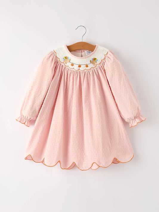 Fall Thanksgiving and Halloween Chicken Pumpkin Smock Embroidery Baby Girl Dress Rylee Faith Designs