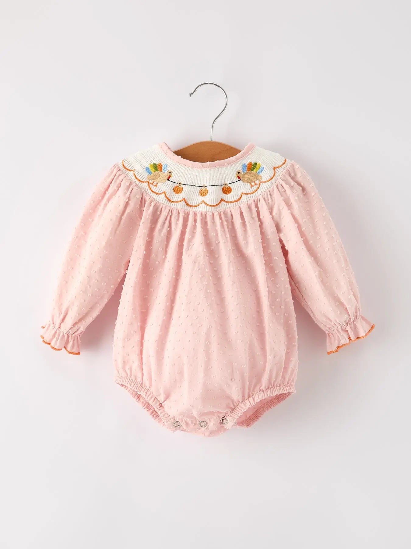 Fall Thanksgiving Halloween Chicken Pumpkin Smock Embroidery Baby Girl Romper Rylee Faith Designs