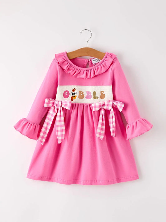 Fall Thanksgiving and Halloween Gobble Smock Embroidery Baby Girl Dress Rylee Faith Designs