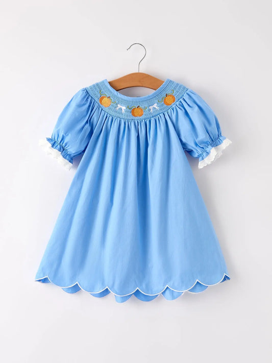 Blue Fall Thanksgiving and Halloween Pumpkin Smock Embroidery Lace Baby Girl Dress Rylee Faith Designs