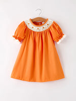 Rylee Faith Designs Fall Thanksgiving and Halloween Orange Pumpkin Smock Embroidery Lace Baby Girl Dress - Apparel & Accessories > Clothing > Baby & Toddler Clothing > Baby & Toddler Dresses Dress
