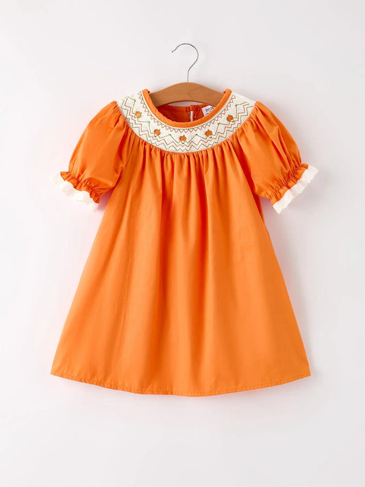 Fall Thanksgiving and Halloween Orange Pumpkin Smock Embroidery Lace Baby Girl Dress Rylee Faith Designs