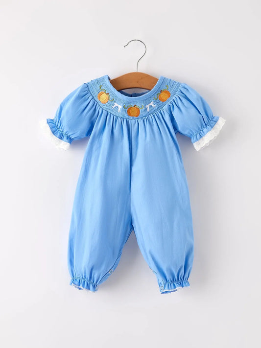 Fall Thanksgiving and Halloween Blue Pumpkin Smock Embroidery Lace Baby Girl Romper Rylee Faith Designs