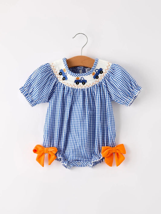 Fall Thanksgiving and Halloween Truck Smock Embroidery Baby Girl Romper Rylee Faith Designs