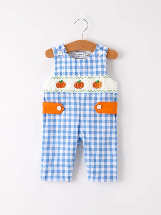 Fall Thanksgiving and Halloween Blue Pumpkin Smock Embroidery Baby Boy Romper Rylee Faith Designs