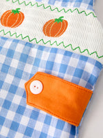 Rylee Faith Designs Fall Thanksgiving and Halloween Blue Pumpkin Smock Embroidery Baby Boy Romper - Apparel & Accessories > Clothing > Baby & Toddler Clothing > Baby One-Pieces Romper