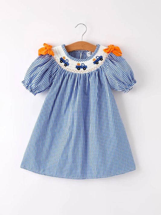 Fall Thanksgiving And Halloween Truck Smock Embroidery Baby Girl Dress Rylee Faith Designs