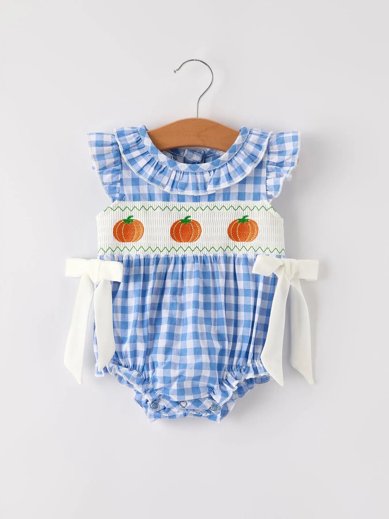 Rylee Faith Designs Fall Thanksgiving and Halloween Blue Pumpkin Smock Embroidery Baby Girl Romper - Apparel & Accessories > Clothing > Baby & Toddler Clothing > Baby One-Pieces Romper