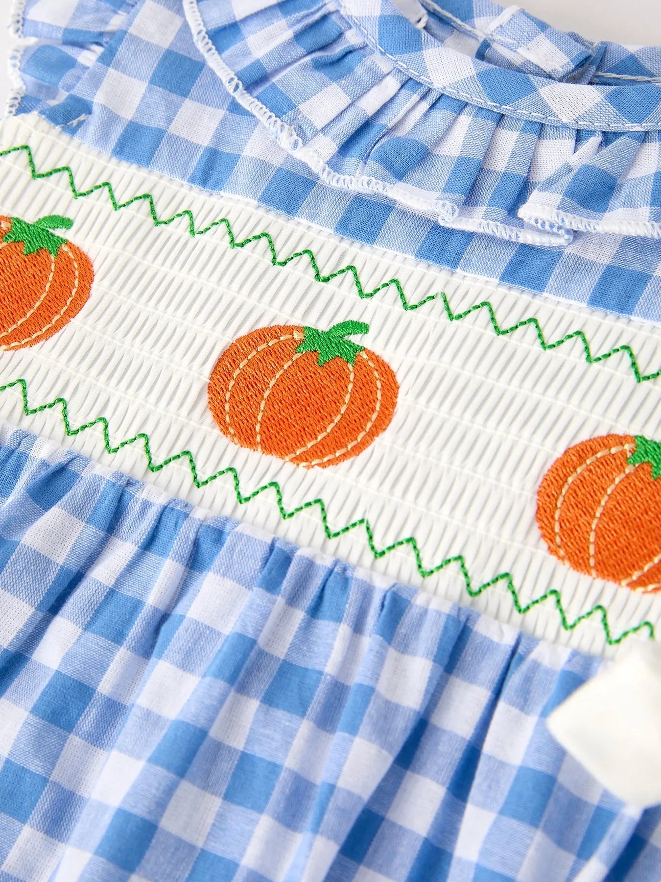 Rylee Faith Designs Fall Thanksgiving and Halloween Blue Pumpkin Smock Embroidery Baby Girl Romper - Apparel & Accessories > Clothing > Baby & Toddler Clothing > Baby One-Pieces Romper