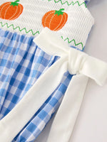 Rylee Faith Designs Fall Thanksgiving and Halloween Blue Pumpkin Smock Embroidery Baby Girl Romper - Apparel & Accessories > Clothing > Baby & Toddler Clothing > Baby One-Pieces Romper