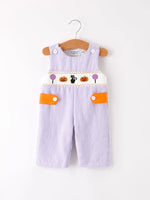 Rylee Faith Designs Fall Halloween Purple Balloon Pumpkin Cat Smock Embroidery Baby Boy Romper - Apparel & Accessories > Clothing > Baby & Toddler Clothing > Baby One-Pieces Romper