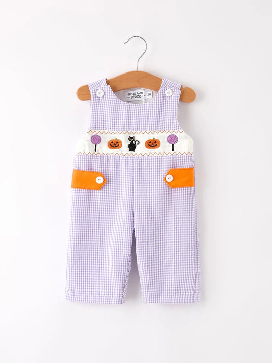 Fall Halloween Purple Balloon Pumpkin Cat Smock Embroidery Baby Boy Romper Rylee Faith Designs