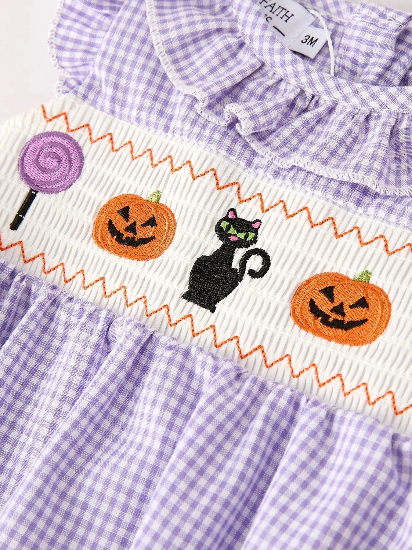 Fall Halloween Purple Balloon Pumpkin Cat Smock Embroidery Baby Girl Romper Rylee Faith Designs