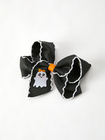 Halloween Ghost Embroidered Black Bow Hairpin by Rylee Faith Designs