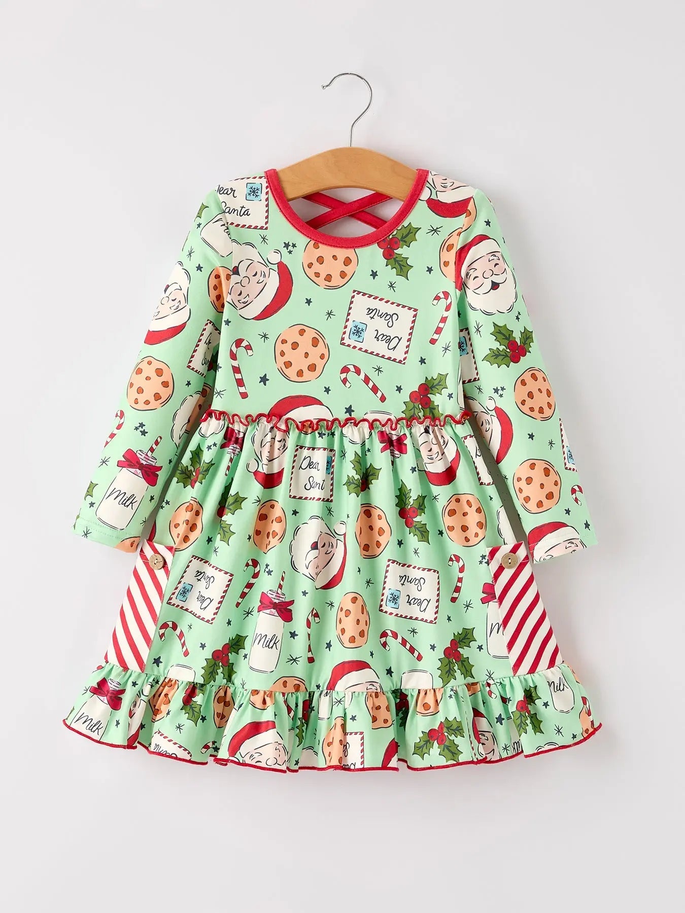 Rylee Faith Designs Winter Christmas Green Santa Girls Pocket Ruffle Dress - Apparel & Accessories > Clothing > Dresses Dress