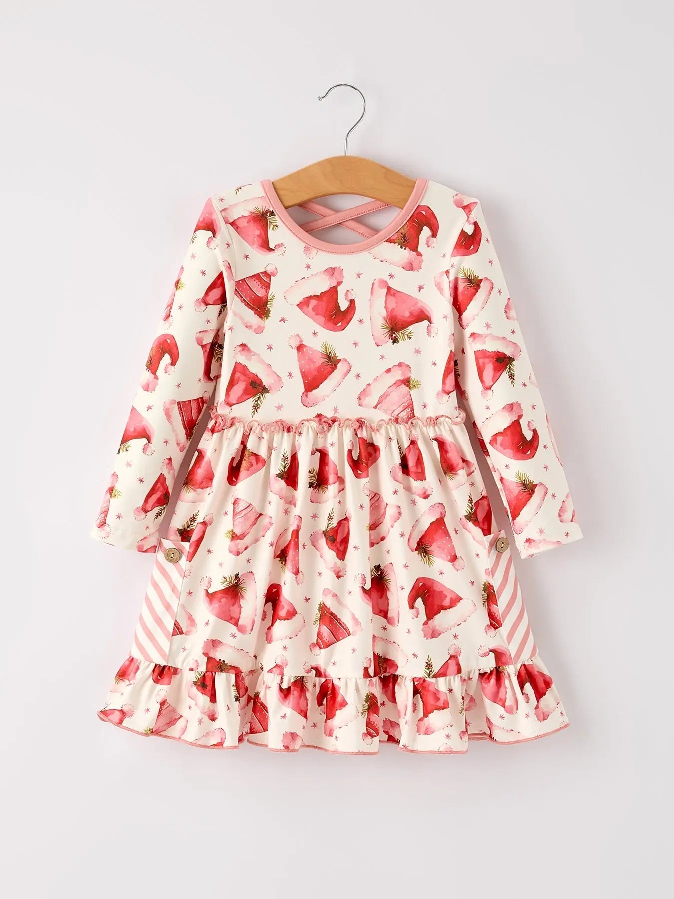 Rylee Faith Designs Winter Christmas Santa Hat Print Girls Pocket Ruffle Dress - Apparel & Accessories > Clothing > Dresses Dress