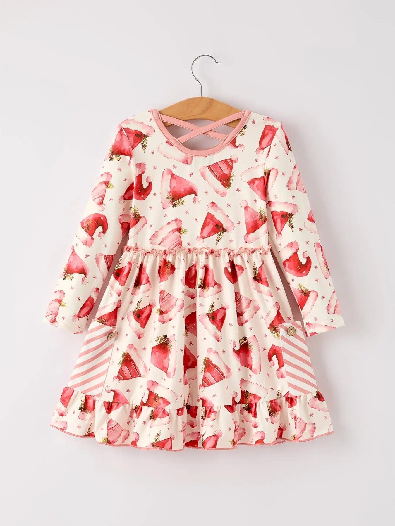 Rylee Faith Designs Winter Christmas Santa Hat Print Girls Pocket Ruffle Dress - Apparel & Accessories > Clothing > Dresses Dress