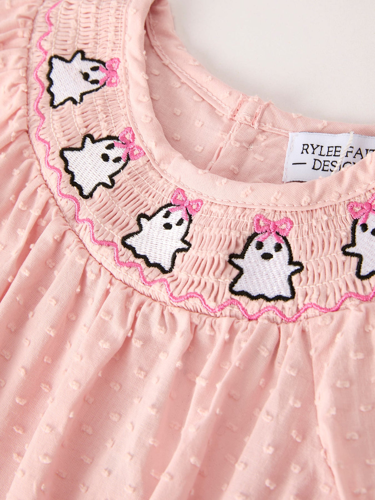 Autumn Halloween Light Pink Ghost Embroidery Smock Floral Girls Romper by Rylee Faith Designs
