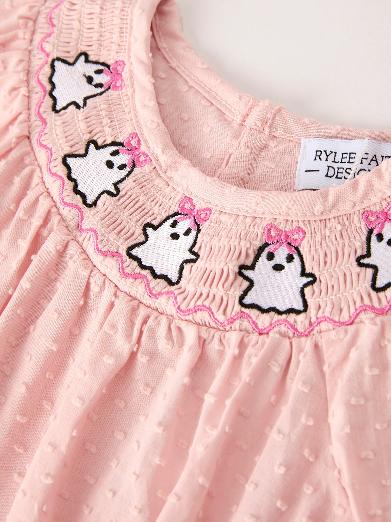 Autumn Halloween Light Pink Ghost Embroidery Smock Floral Girls Romper by Rylee Faith Designs