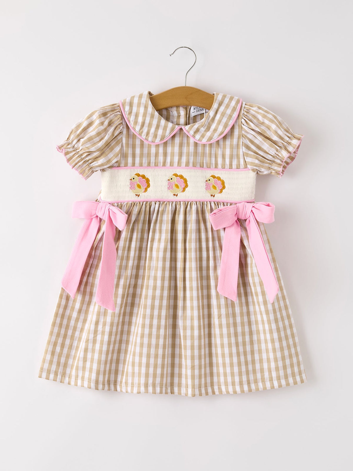 Fall Thanksgiving Lapel Plaid Chick Embroidery Smocking Bow Baby Girls Dress by Rylee Faith Designs