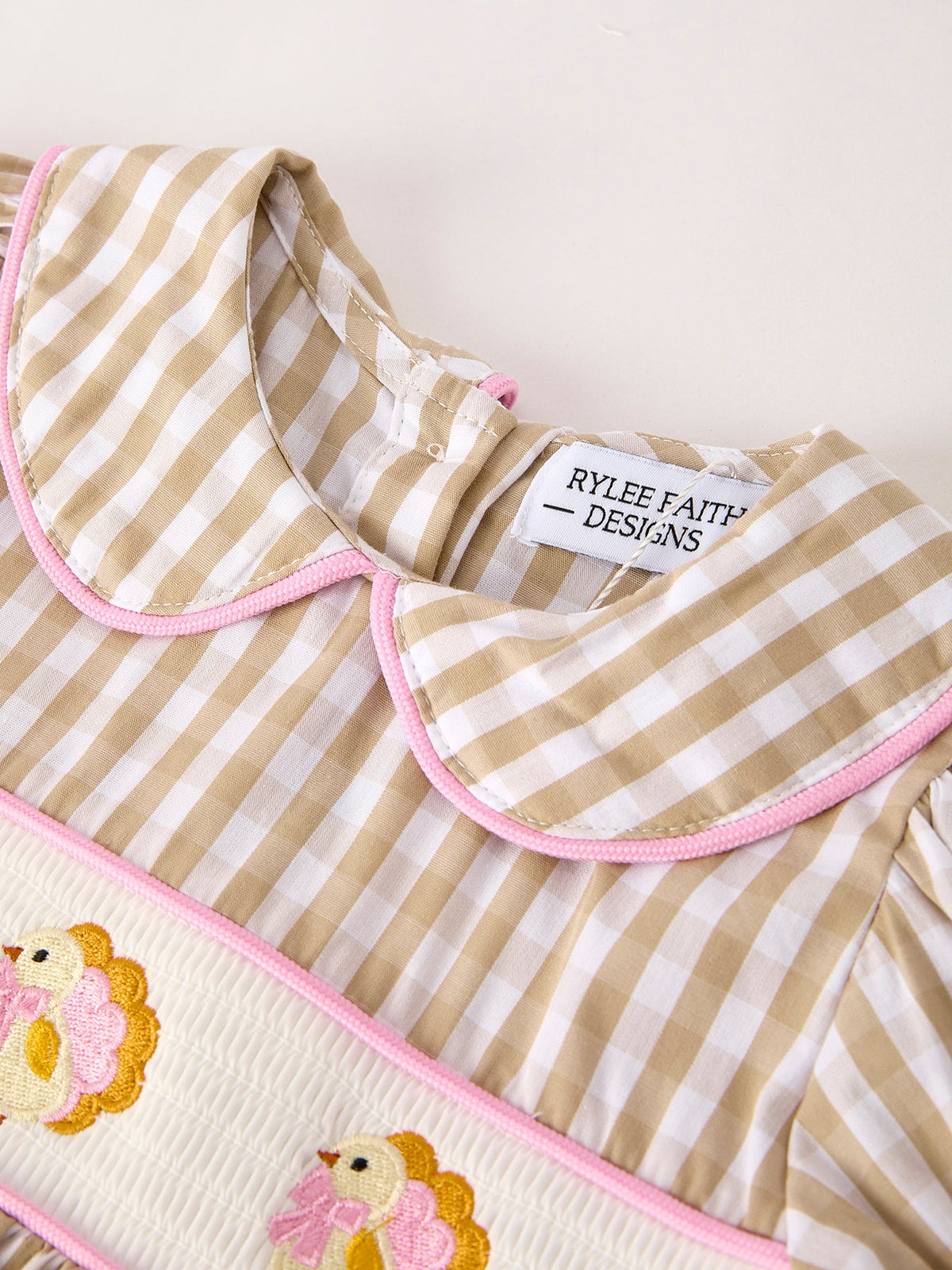 Fall Thanksgiving Lapel Plaid Chick Embroidery Smocking Bow Baby Girls Dress by Rylee Faith Designs