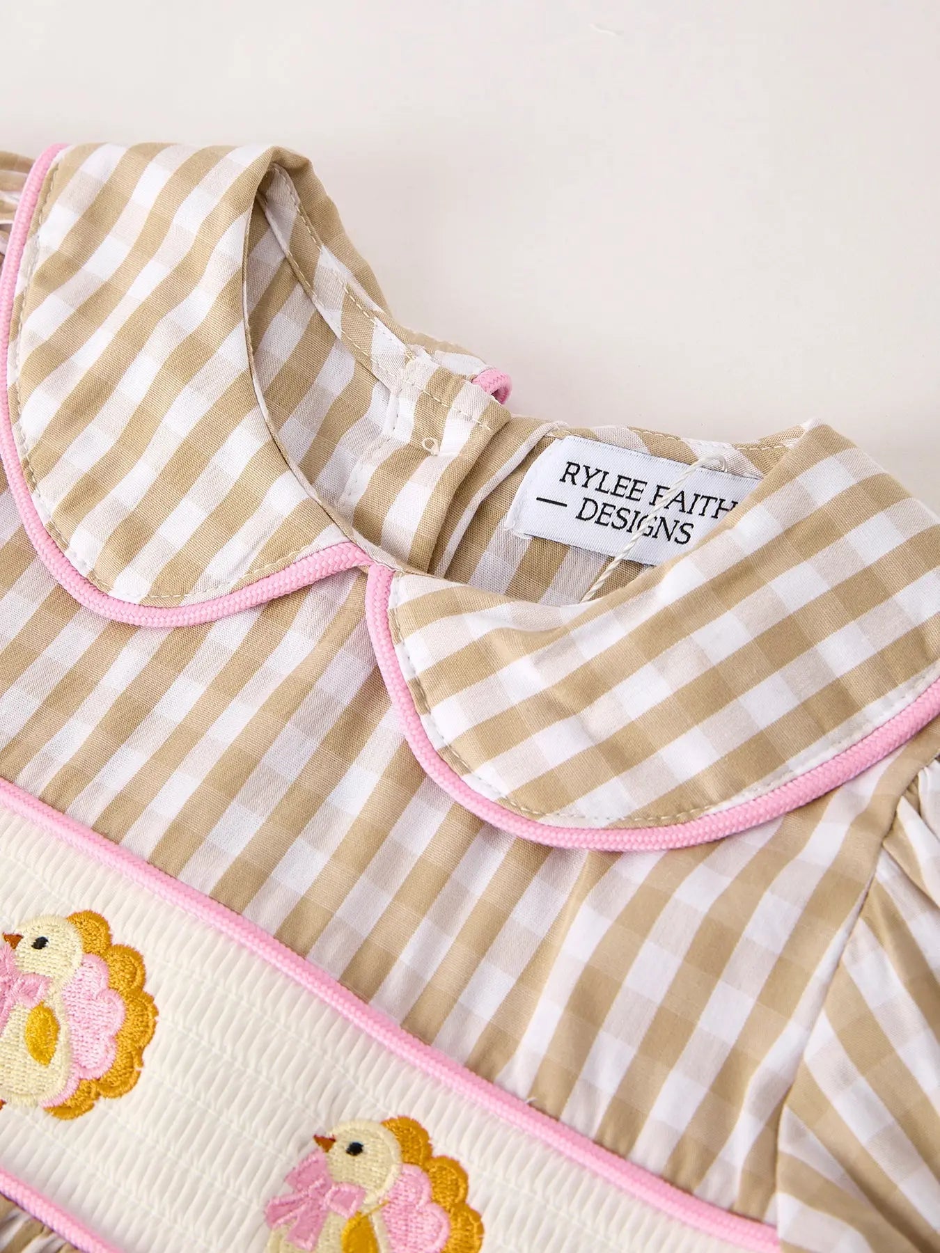 Fall Thanksgiving Baby Girls Dress with Plaid Pattern Chick Embroidery Smocking and Bow Rylee Faith Designs