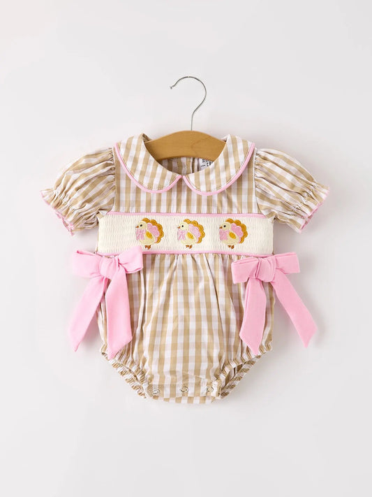 Fall Thanksgiving Lapel Plaid Chick Embroidery Smocking Bow Baby Girls Romper Rylee Faith Designs