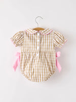 Rylee Faith Designs Fall Thanksgiving Lapel Plaid Chick Embroidery Smocking Bow Baby Girls Romper - Apparel & Accessories > Clothing > Baby & Toddler Clothing > Baby One-Pieces Romper