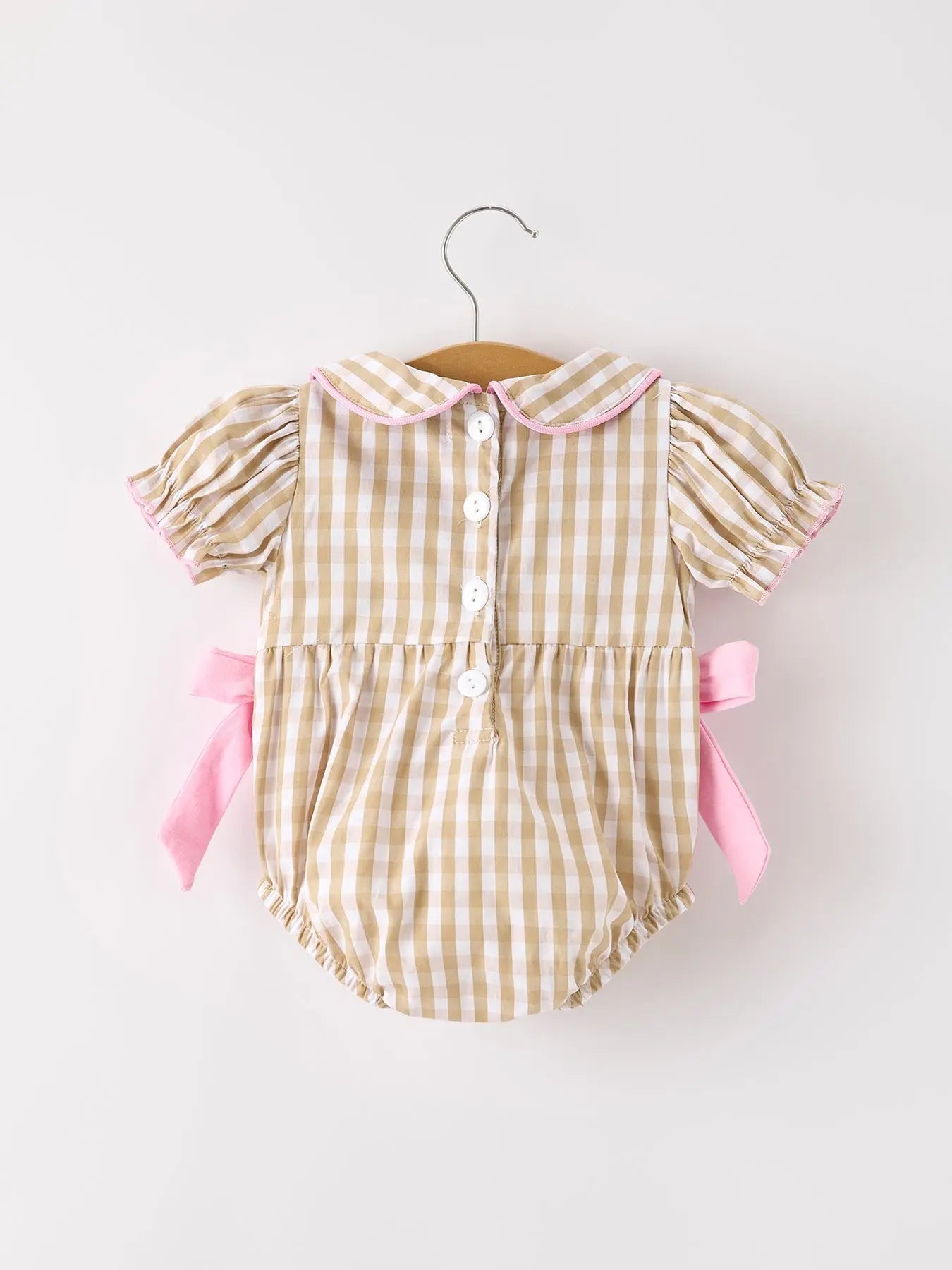 Fall Thanksgiving Lapel Plaid Chick Embroidery Smocking Bow Baby Girls Romper Rylee Faith Designs